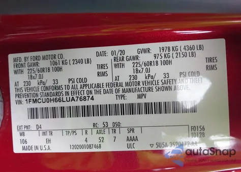 2020 Ford Escape Sel from USA, damaged, VIN 1FMCU0H66LUA76874